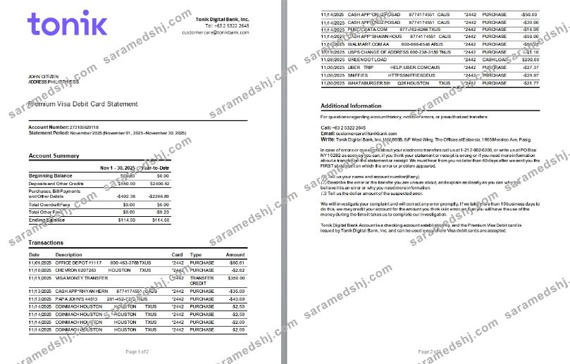 Philippines Tonik bank Premium Visa Debit Card statement Word and PDF template scr, 2 pages